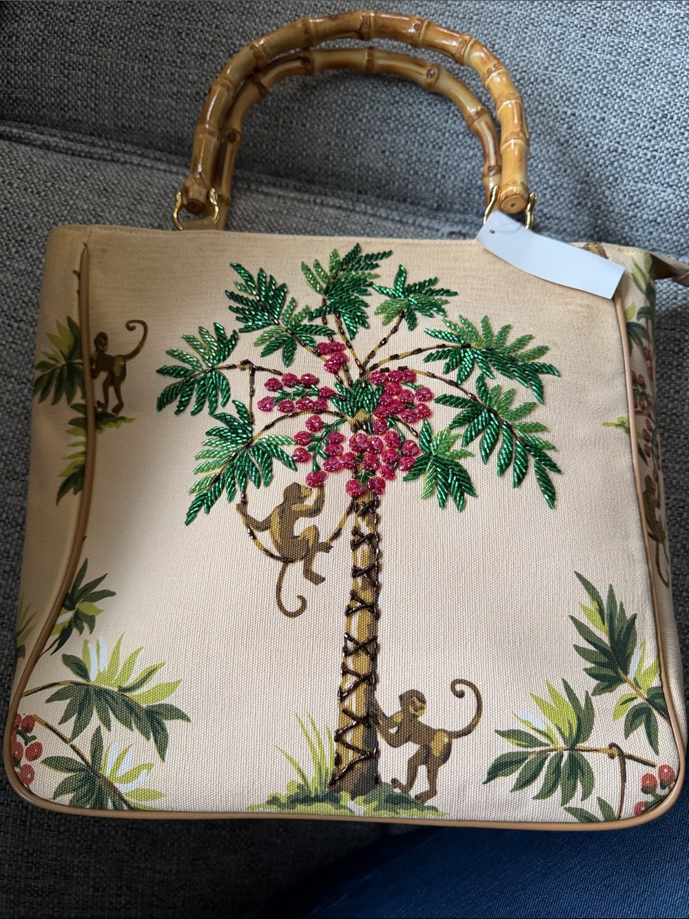 NEW Canvas Tropical Palm & Monkey Embroidered Sequin Purse Bag Bamboo Handles